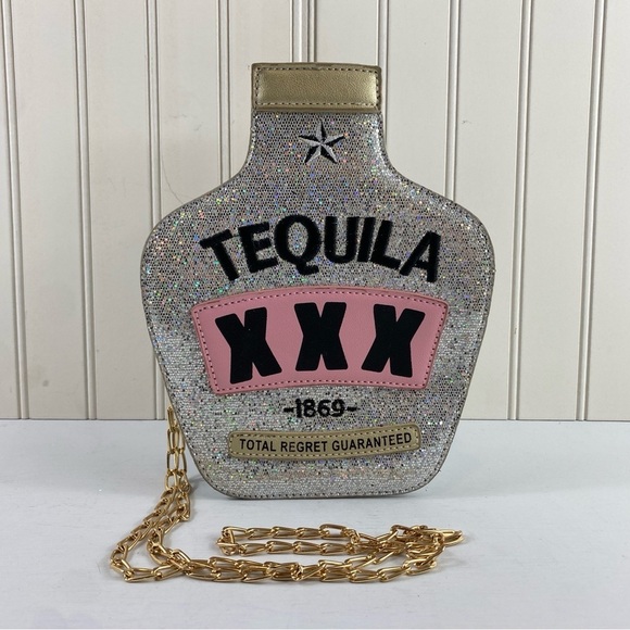 Crossbody Novelty Tequila Sparkly Silver Bag Purse Zip Close Crossbody - Picture 3 of 16